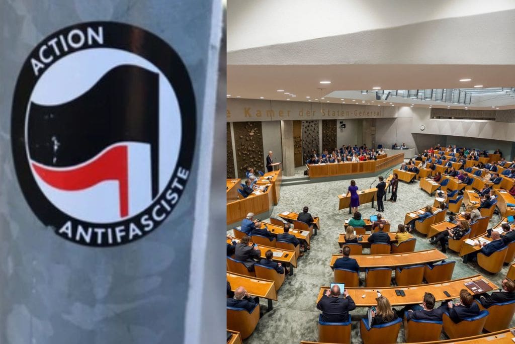 Imagen de archivo de una pegatina del movimiento antifascista y el parlamento de Países Bajos. Foto: N/D.
