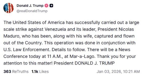 Imagen de la publicación de Trump. Foto: Truth Social