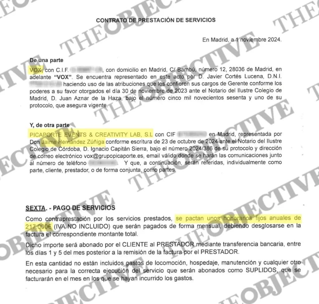 Contrato rubricado por Javier Cortés (Vox) y Jaime Hernández (Revuelta) en Bambú, sede estatal del partido, en noviembre de 2024. Imagen: The Objetive