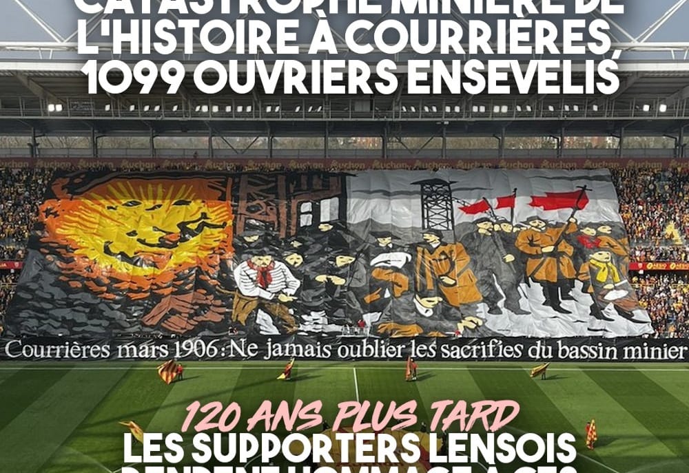 Tifo de los Red Tigers, grupo de supporters del Racing Club de Lens, en honor a los mineros sepultados en Courrières. Foto: vía Contre Attaque
