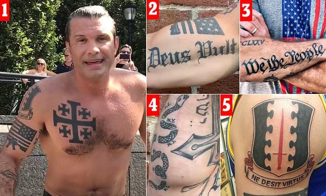 Tatuajes del secretario de defensa de EE.UU., Pete Hegseth. Foto: thetelegraph.com