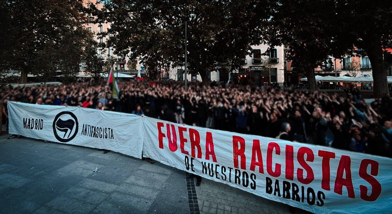 Movilización antifascista en el barrio de Lavapiés (Madrid) contra Falange, 8 de mayo de 2026.