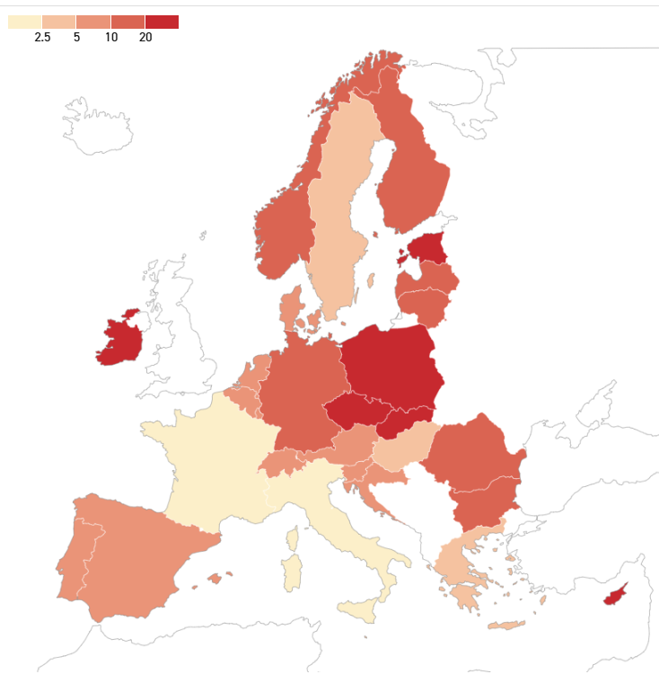 Proporción de refugiados ucranianos por cada 1.000 habitantes. Figura: Politico.eu