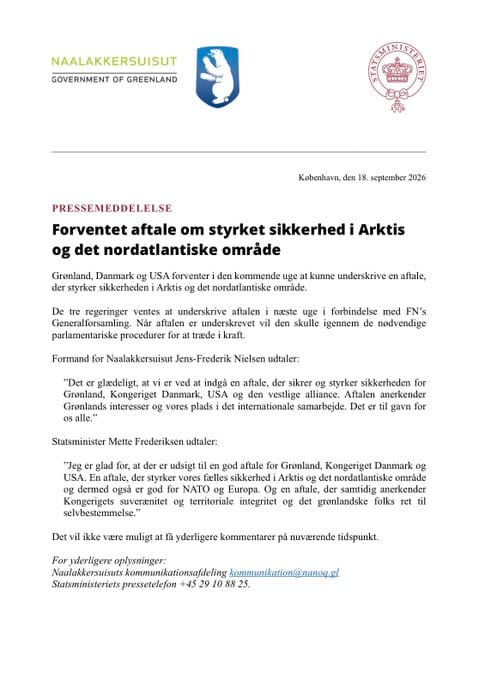 Comunicado conjunto de los Gobiernos de Dinamarca y Groenlandia anunciando la firma esperada del acuerdo con EEUU en la ONU.