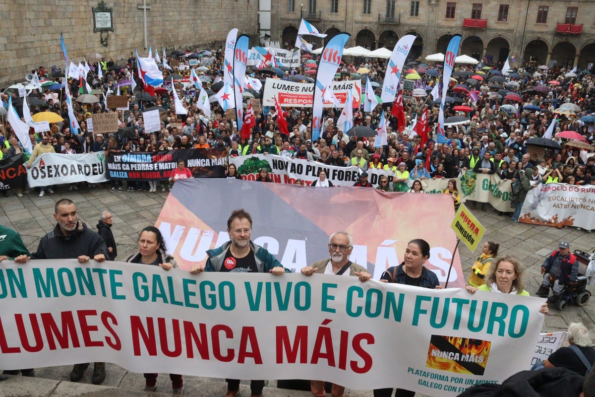 Miles protestan en Santiago contra la política antiincendios de la Xunta tras la ola de fuegos en Galiza