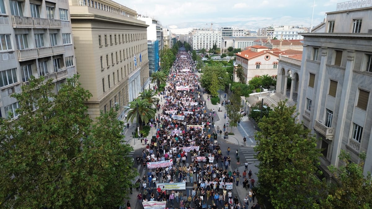 Manifestación en la huelga general del 1 de octubre de 2025 en Atenas (Grecia). Foto: PAME