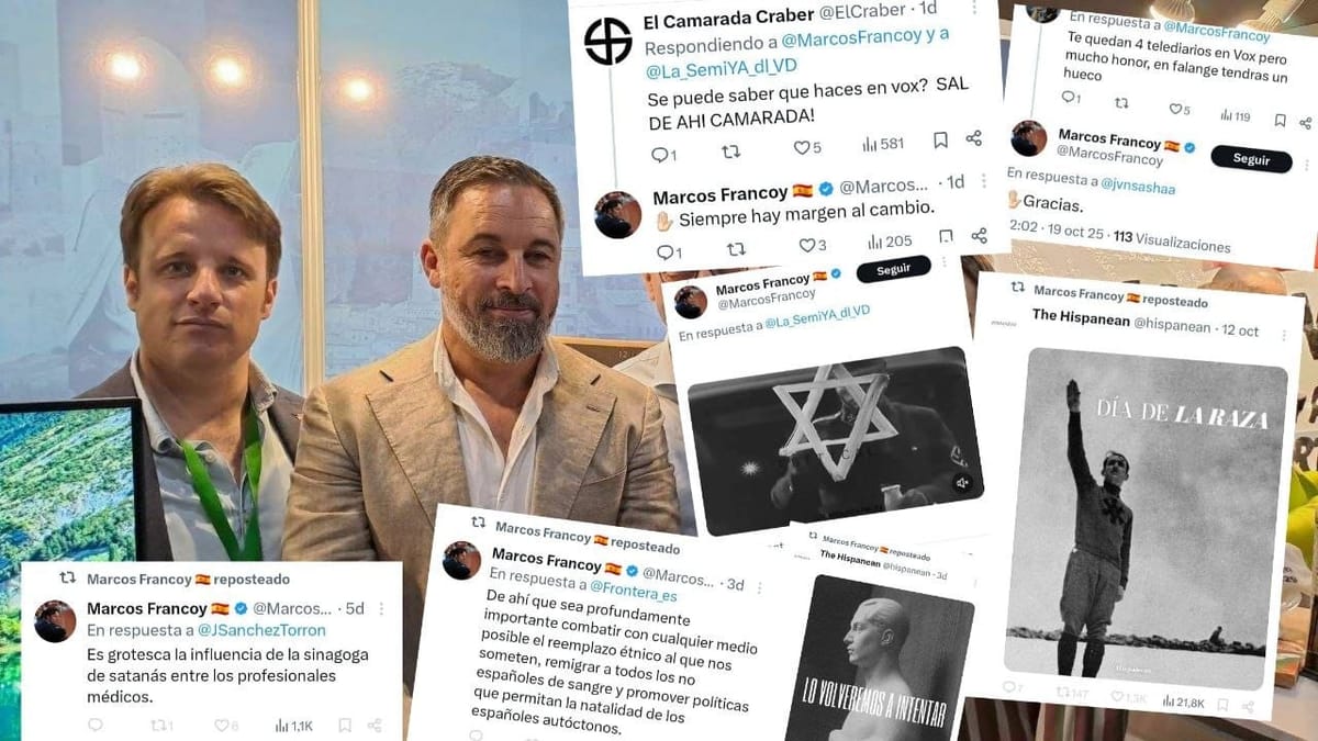 Marcos Francoy, asesor parlamentario y responsable de organización de Vox en Huesca, al lado de Santiago Abascal. Foto: Vox Huesca (X)