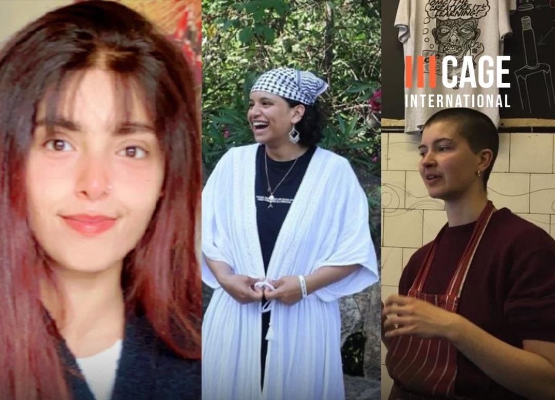 Heba Muraisi, Qesser Zuhrah y Amu Gib, las tres primeras presas políticas de Palestine Action en huelga de hambre. Foto: @CAGEintl (X)