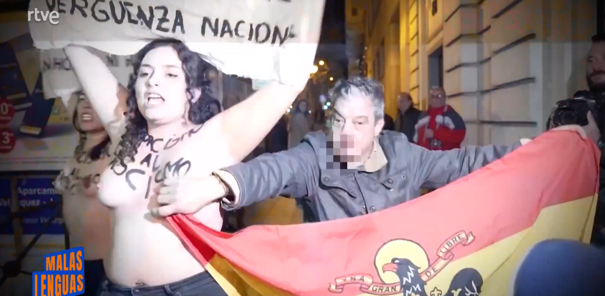 Agresión sexual de un fascista a activistas de femen en Madrid. Fotograma: RTVE