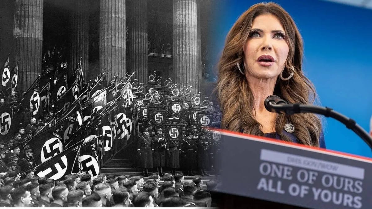Imagen de archivo de tropas nazis y Kristi Noem junto al lema 'Uno de los nuestros, todos los vuestros' en su atril. Foto: timesnownews.com