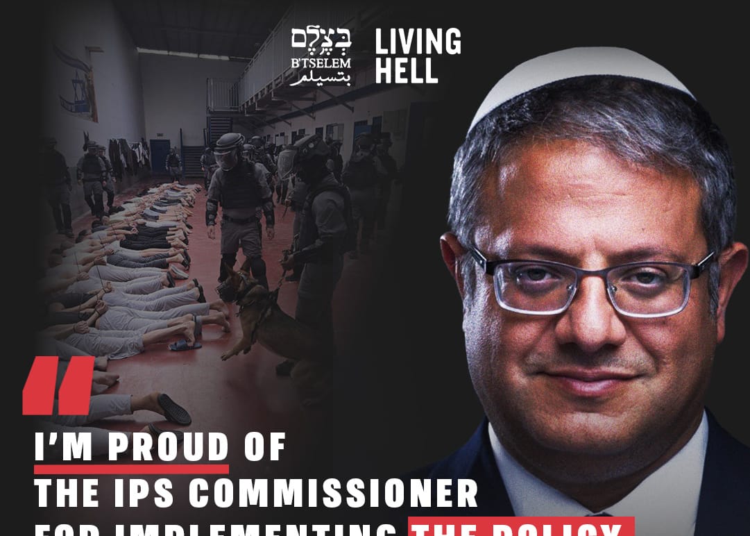 Cartel de la ONG B'Tselem que muestra al ministro de Seguridad Nacional israelí Itamar Ben Gvir y una prisión israelí para palestinos. Foto: B'Tselem 