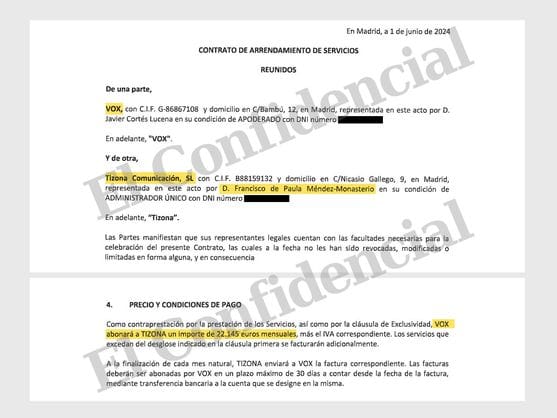 Extractos de las primeras páginas del contrato confidencial que firmaron Vox y Kiko Méndez-Monasterio en junio de 2024. Foto: El Confidencial