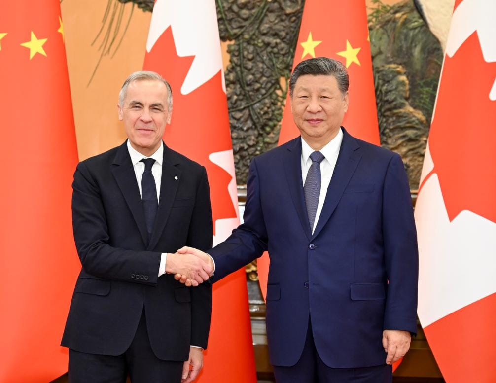 Mark Carney y Xi Jinping en una reunión bilateral en Pekín. Foto: Xinhua/Xie Huanchi