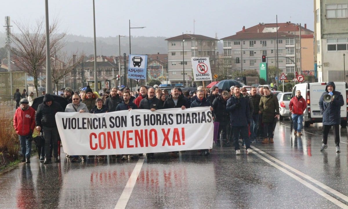 Movilización sindical de conductores de autobuses en Galiza. Foto: CIG