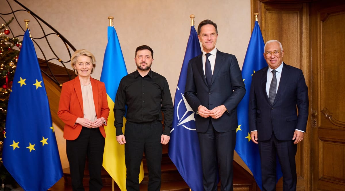 Von der Leyen, Zelensky, Rutte y Costa en una reunión oficial. Foto: @vonderleyen (X)