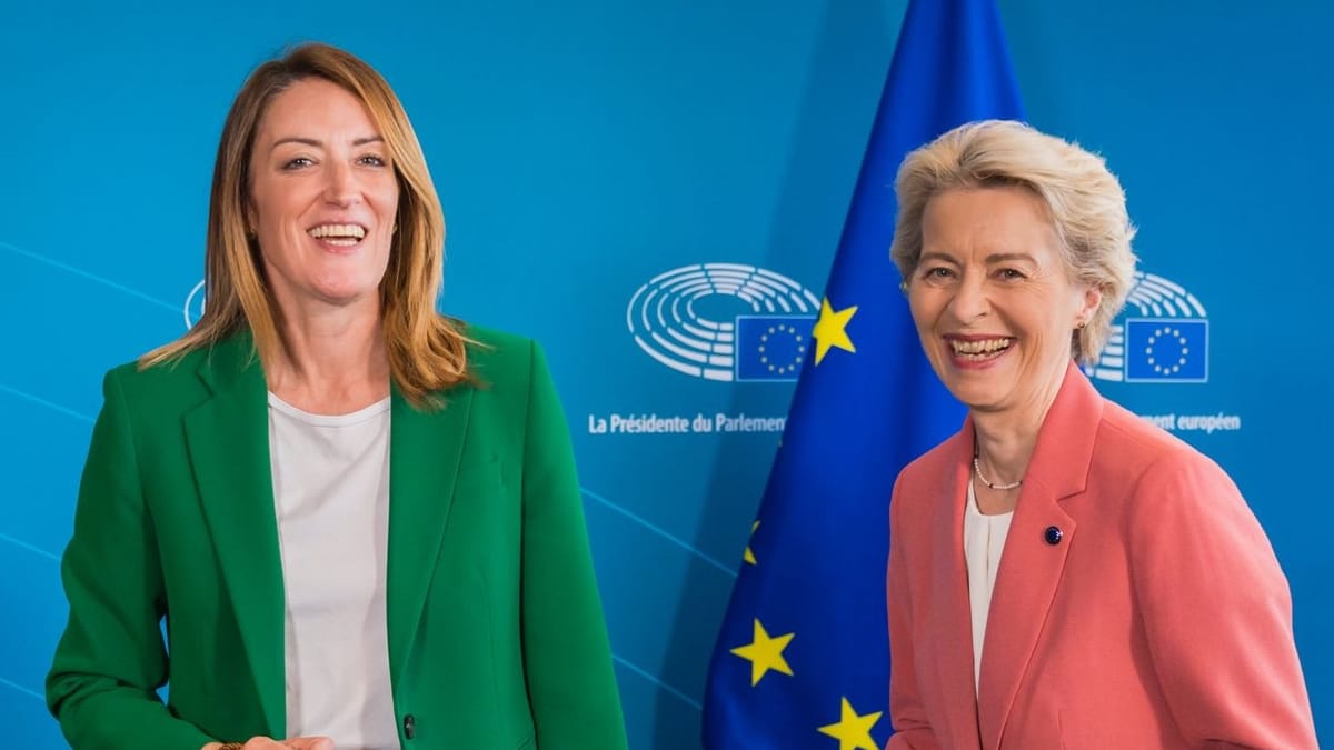 Imagen de archivo de la presidenta de la Eurocámara, Roberta Metsola, y Ursula Von der Leyen, presidenta de la Comisión Europea. Foto: @EP_President (X)