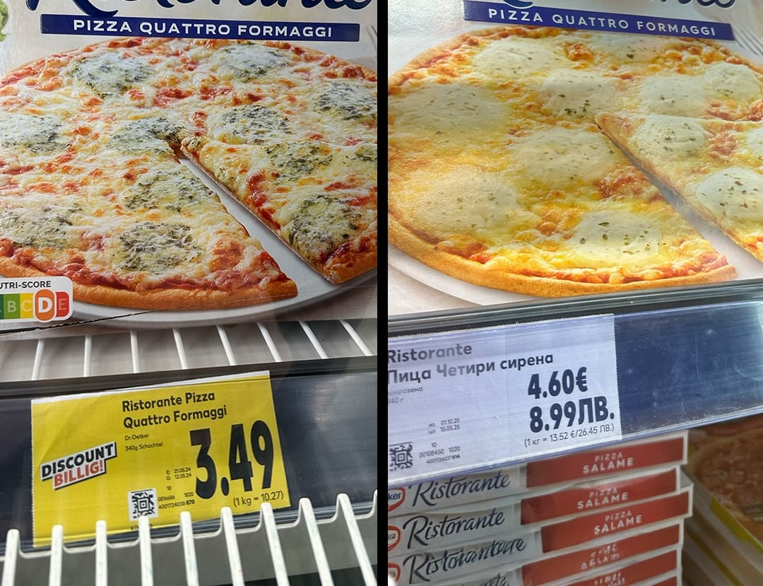 Comparativa de precios de pizzas congeladas en Alemania y en Bulgaria tras la entrada del Euro. Foto: Balkan Stories