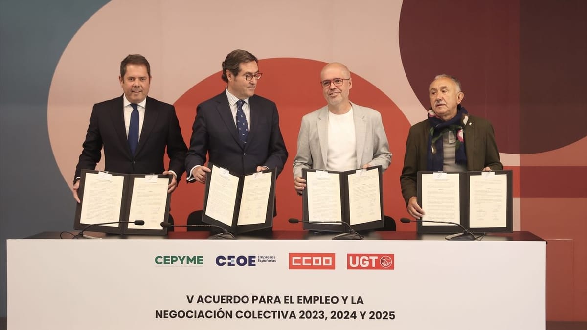 Los presidentes de CEOE y CEPYME, Antonio Garamendi y Gerardo Cuerva y los secretarios generales de UGT y CCOO, Pepe Álvarez y Unai Sordo. Foto: EUROPA PRESS