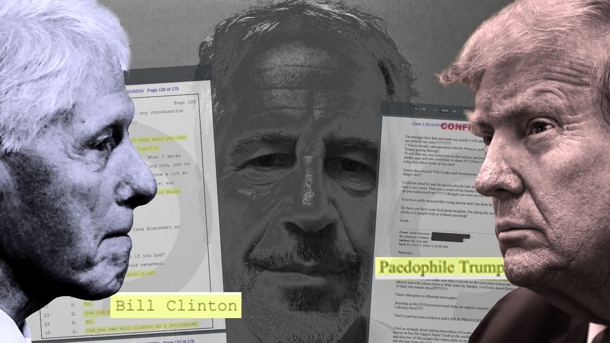 Ilustración de Bill CLinton, Jeffrey Epstein y Donald Trump. Foto: vía www.open.online