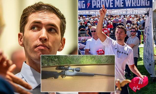 A la izquierda, Tyler Robinson, acusado de matar a Charlie Kirk; en el centro, el rifle incautado; a la derecha, el difunto. Foto: Daily Mail