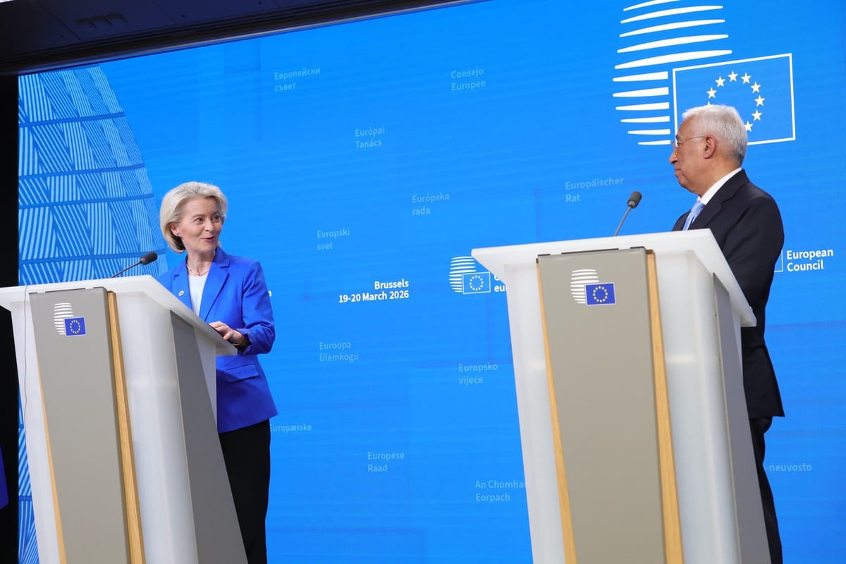 Ursula Von der Leyen y António Costa en la cumbre de líderes europeos en Bruselas. Foto: vía @vonderleyen (X)
