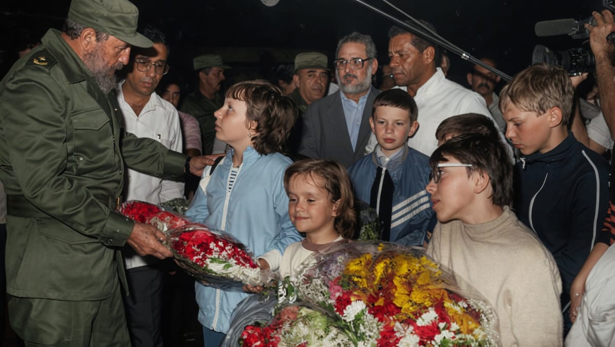 Imagen de archivo de Fidel Castro recibiendo a niños ucranianos de Chernóbil. Foto: vía @DaniMayakovski (X)