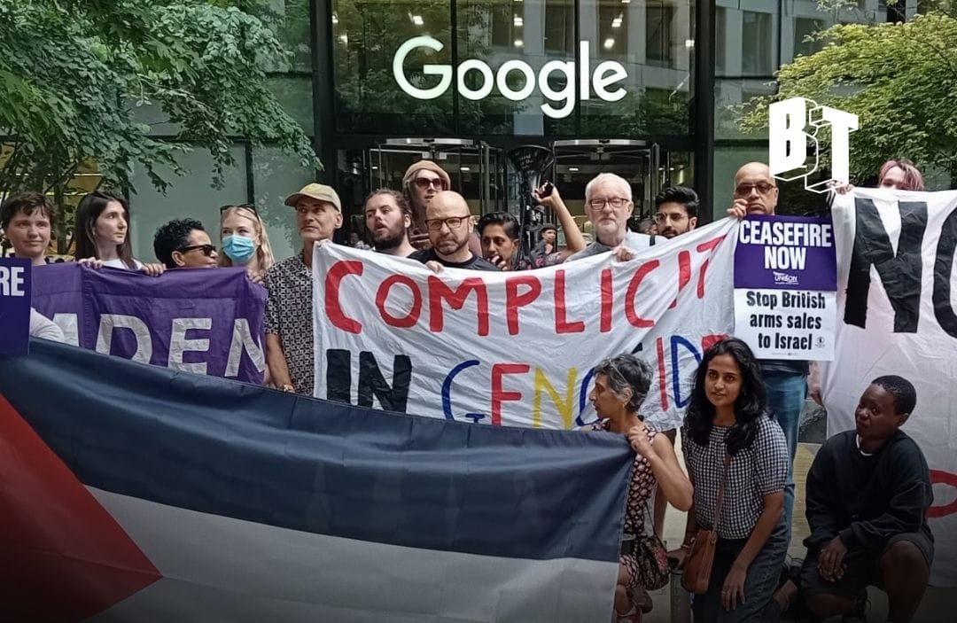 Protesta de trabajadores de Google DeepMind contra el genocidio en Palestina. Foto: @BTnewsroom (X)