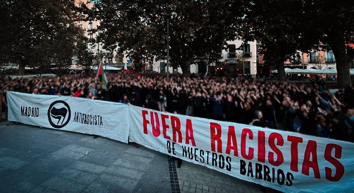 Movilización antifascista en el barrio de Lavapiés (Madrid) contra Falange, 8 de mayo de 2026.