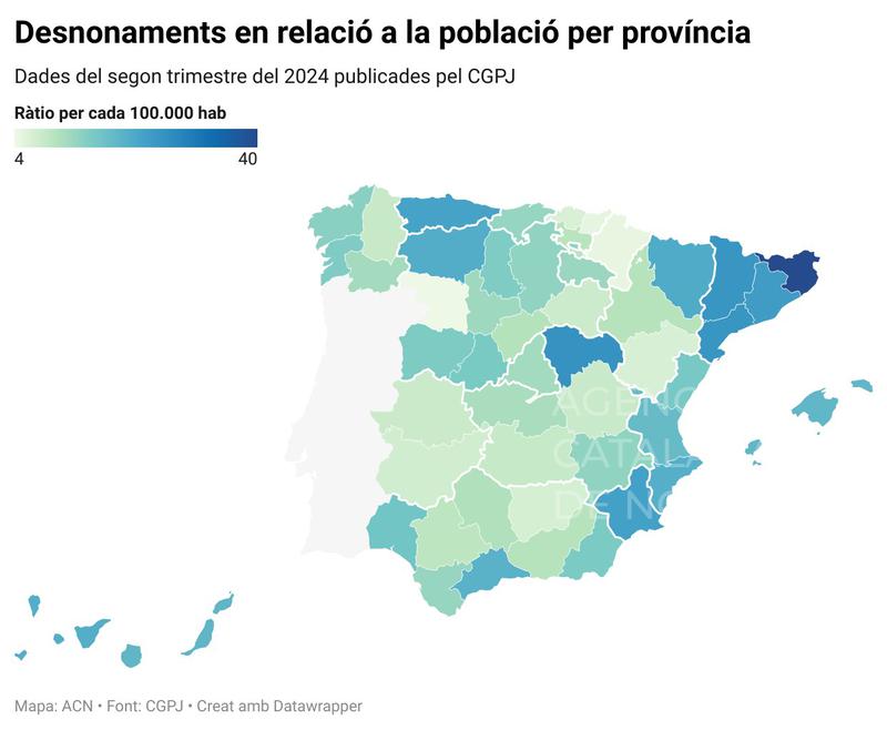 Ratio de desahucios por 100.000 habitantes en el Estado español. Fuente: CGPJ. Imagen: ACN